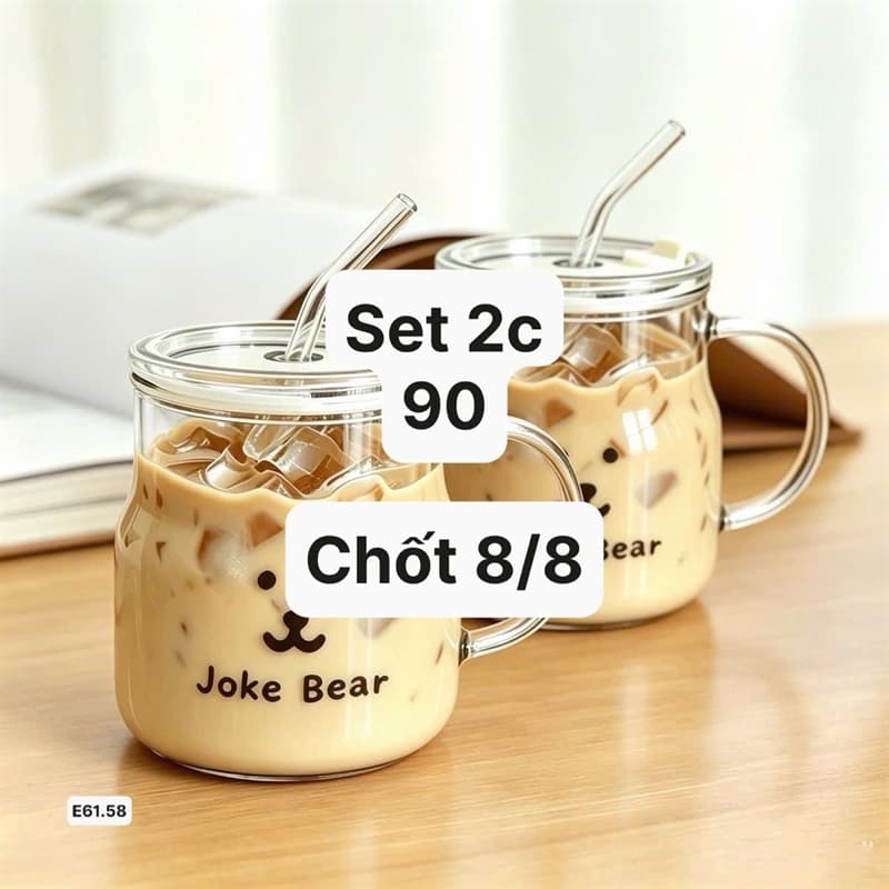 08/08 Set 2 cốc thuỷ tinh gấu có nắp đậy quai cầm #N08845