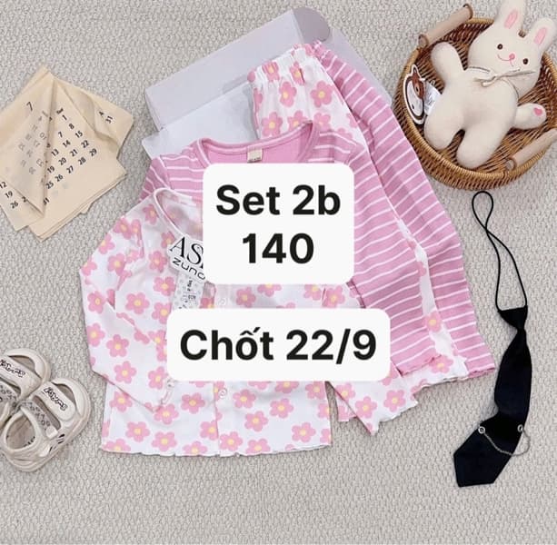 22/09 Set 2b cotton dài hoạ tiết bông hoa-sọc ngang tone hồng cho bé #U0179 - 120
