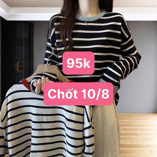 10/08 Áo len oversize dài tay kẻ sọc ngang #N10819 - Viền cổ đỏ