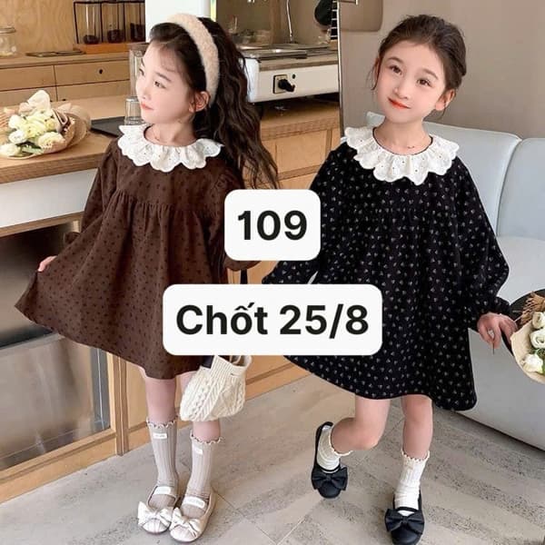 25/08 Váy babydoll suông phối cổ viền ren bèo trắng cho bé #M250814 - Đen - 100