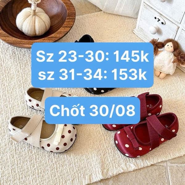 30/08 Giày búp bê chấm bi đính nơ quai chun cho bé #N30814 - Đen - 30