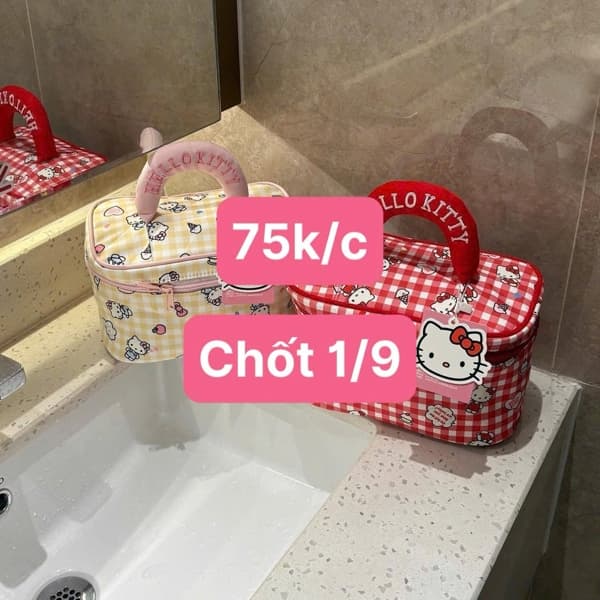 01/09 Túi đựng mỹ phẩm hoạ tiết caro Hello Kitty #N01949 - Hồng