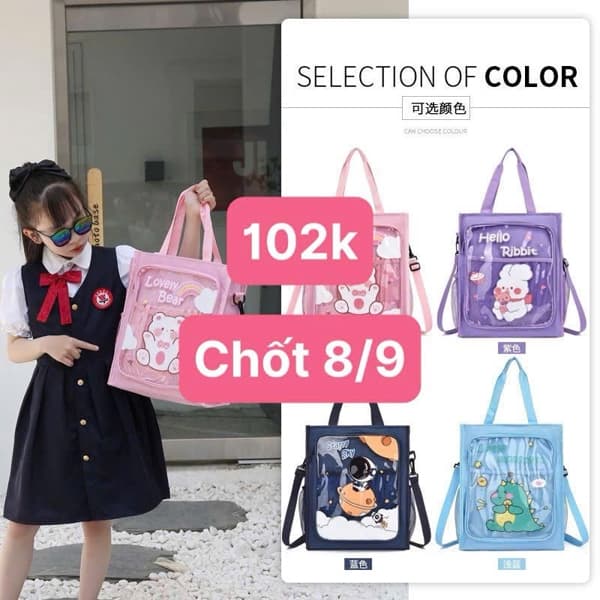 08/09 Túi hoạ tiết hoạt hình học thêm cho bé #N080918 - Xanh than