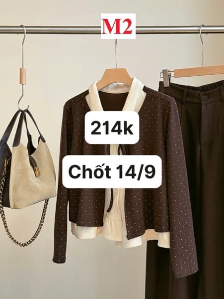 14/09 Áo cardigan cổ bẻ phối chấm bi giả 2 mảnh #ANNA #N14944 - M1 be