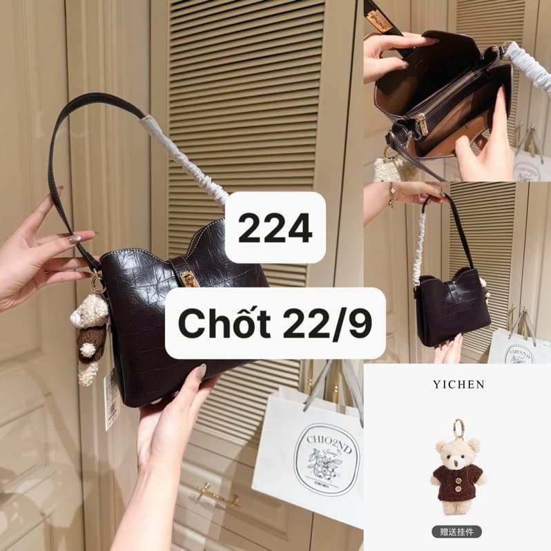 22/09 Túi xách da Yichen tone nâu cà phê kèm charm gấu #M26743