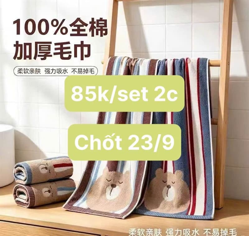 23/09 Set 2c khăn mặt cotton sọc màu hình gấu #M250925