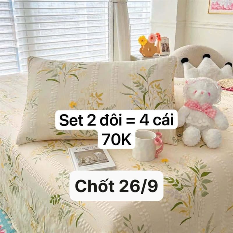 26/09 Set 2 đôi (4 cái) vỏ gối đầu cotton đũi dệt #L26902